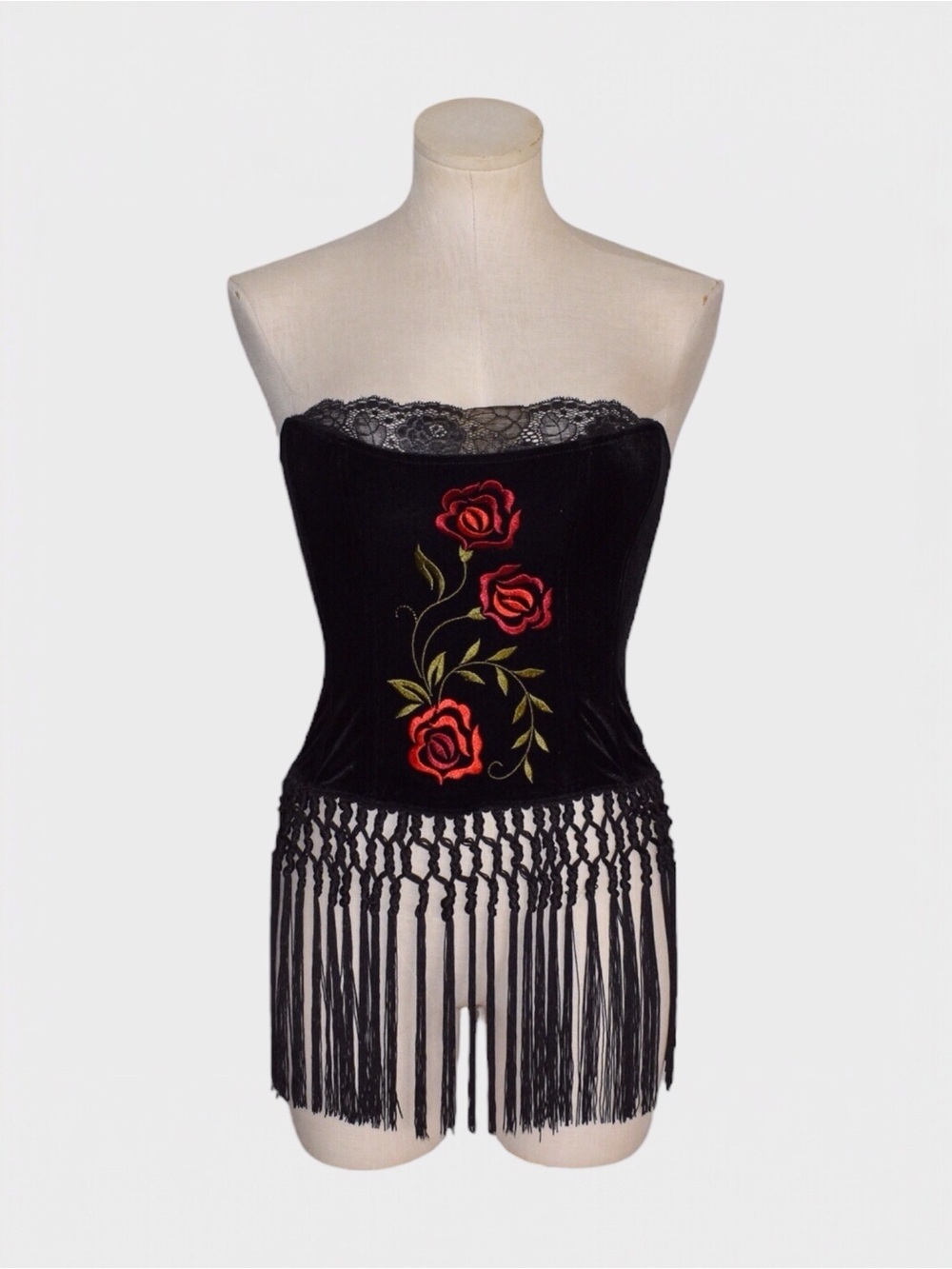 Victorias Secret Vintage Velour Embroidered Rose Fringe Corset Bustier Top